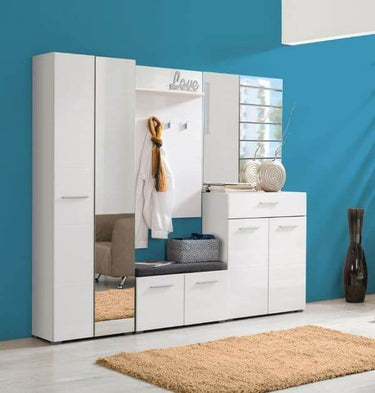 Elegant Beny White High Gloss Hallway Shoe Storage Bench with Grey Cushion Seat - UK Luxury Furniture